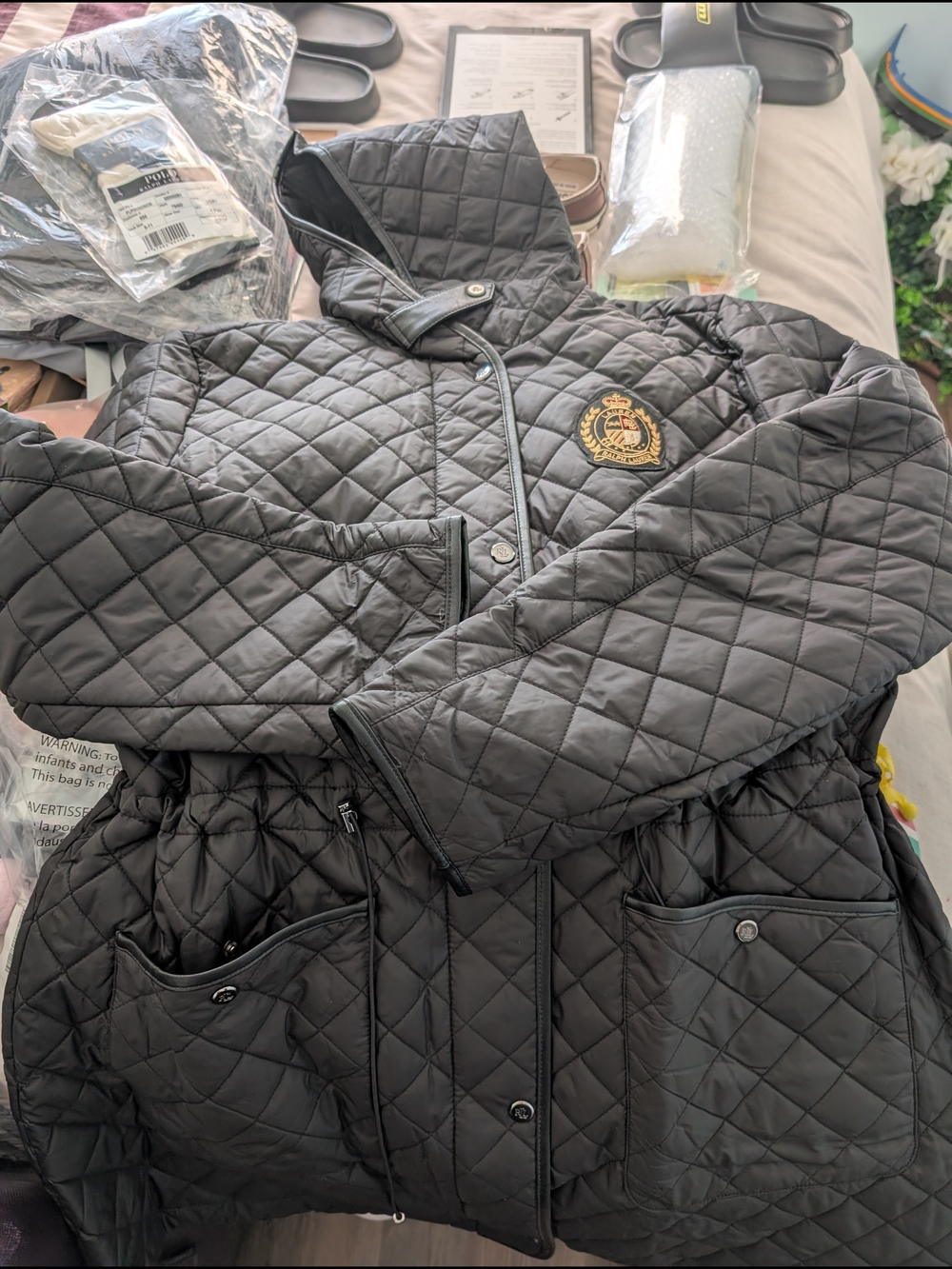Lauren Ralph Lauren Quilted Hooded Puffer Jacket in Black with Crest Patch
